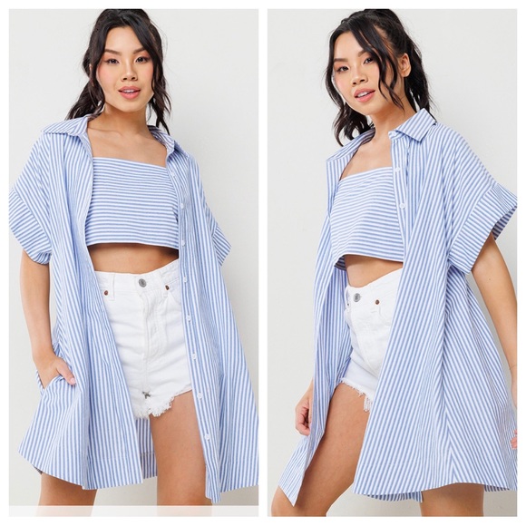 38 Boho 3 Way Wear Striped Copped Top and Shirts Set - Picture 6 of 7